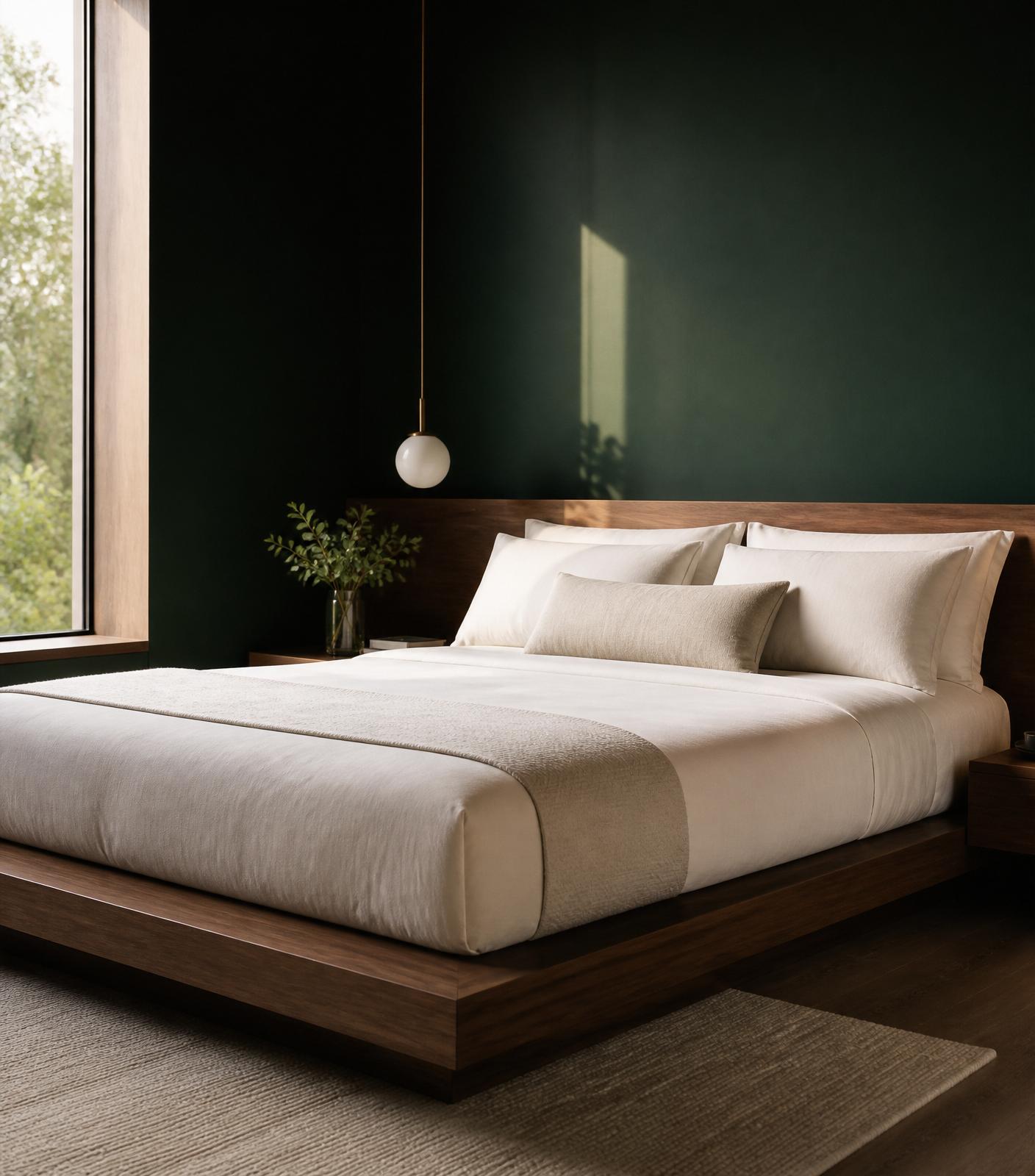 Minimal bedroom with a firm, tightly made luxury bed and emerald wall