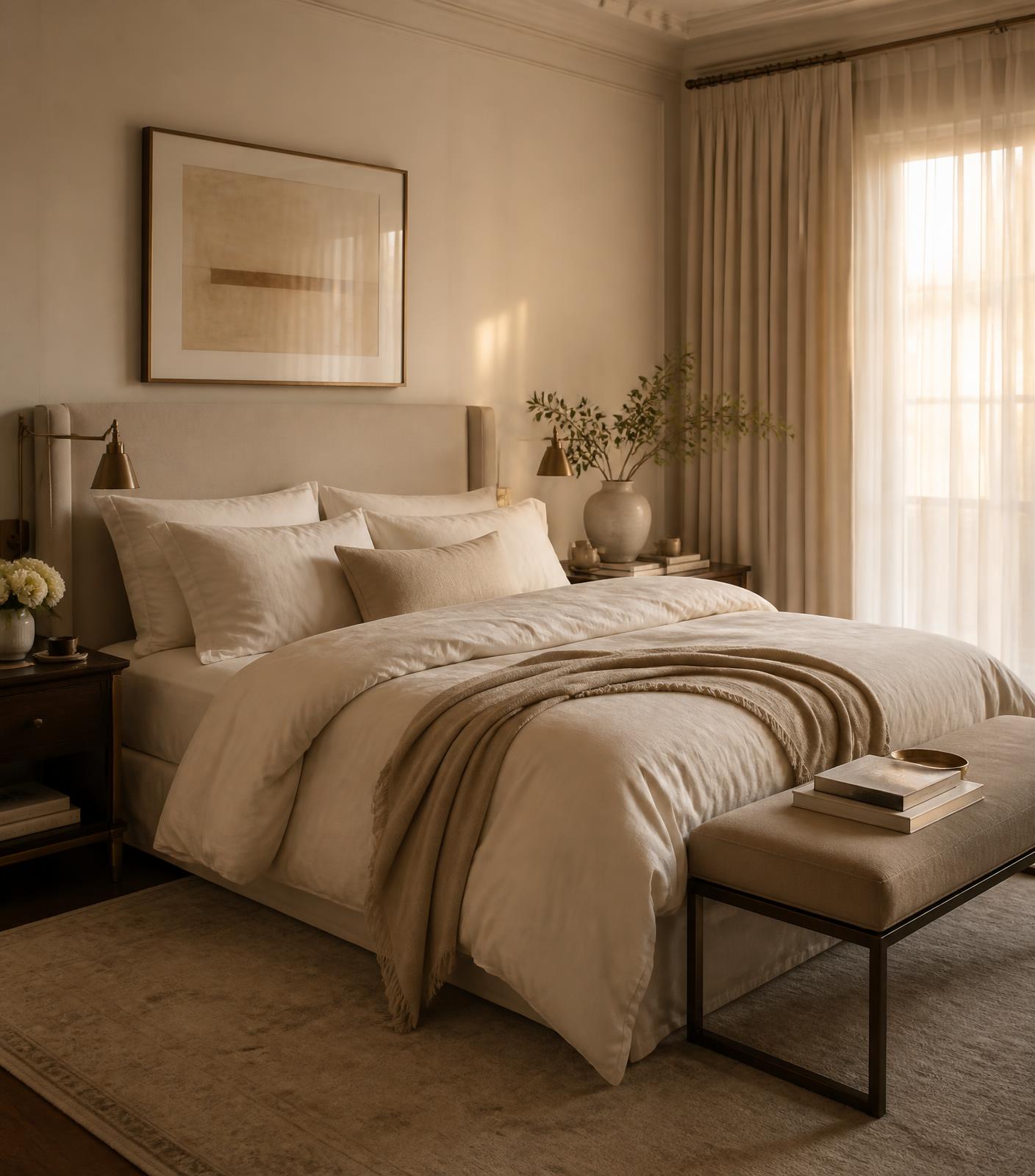 Warm ivory bedroom with a softly rumpled linen duvet in afternoon light