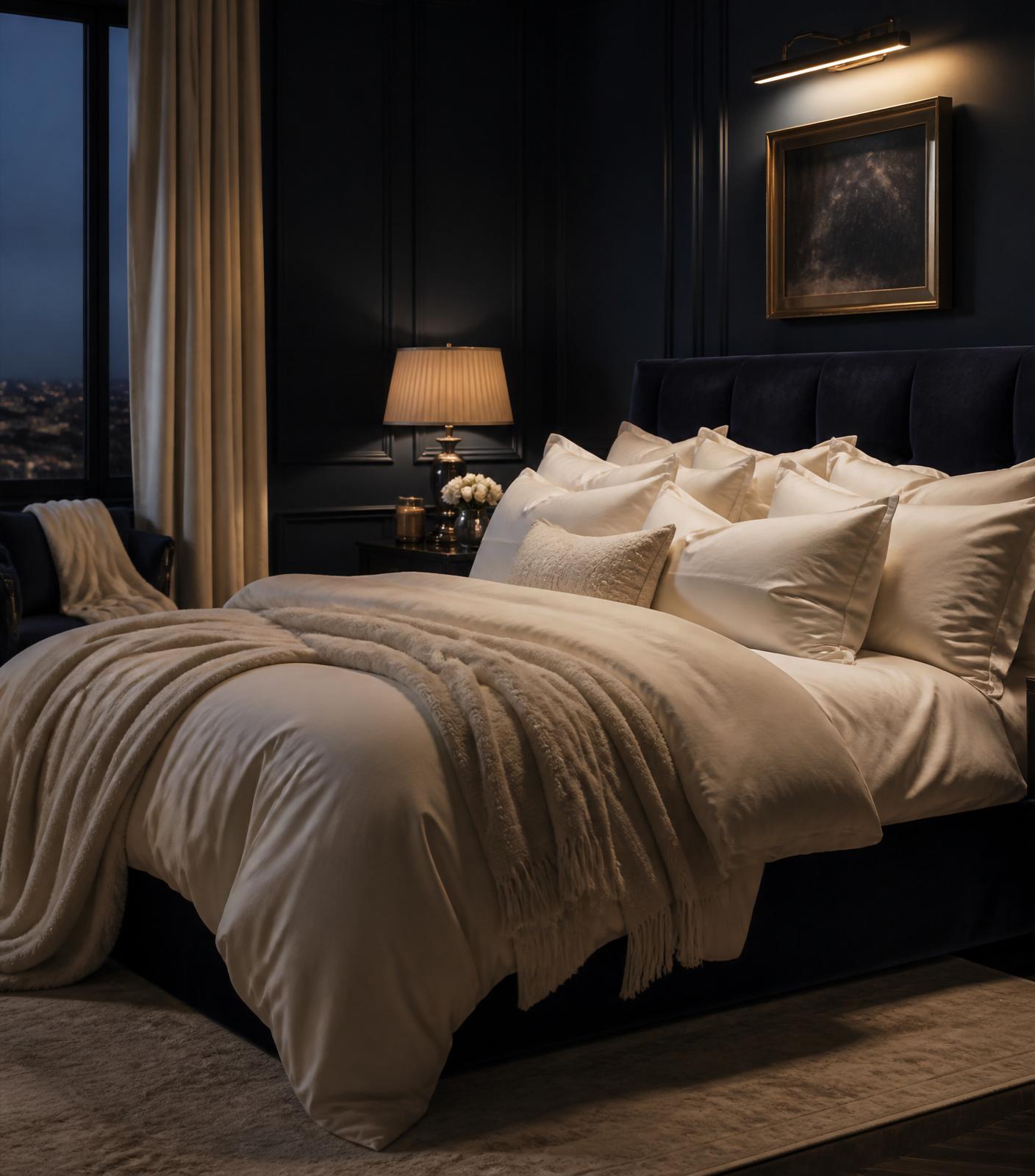 Deep midnight bedroom with a plush mattress and cashmere throws