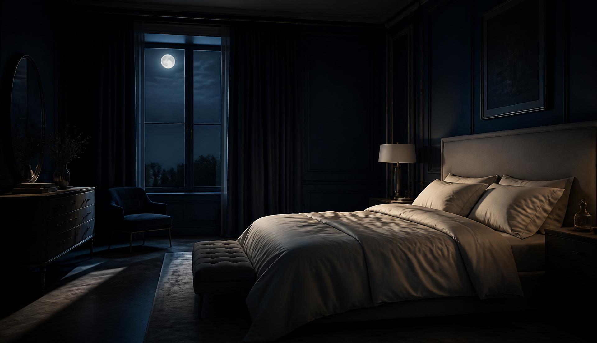 Inviting luxury bedroom at night with warm amber bedside light