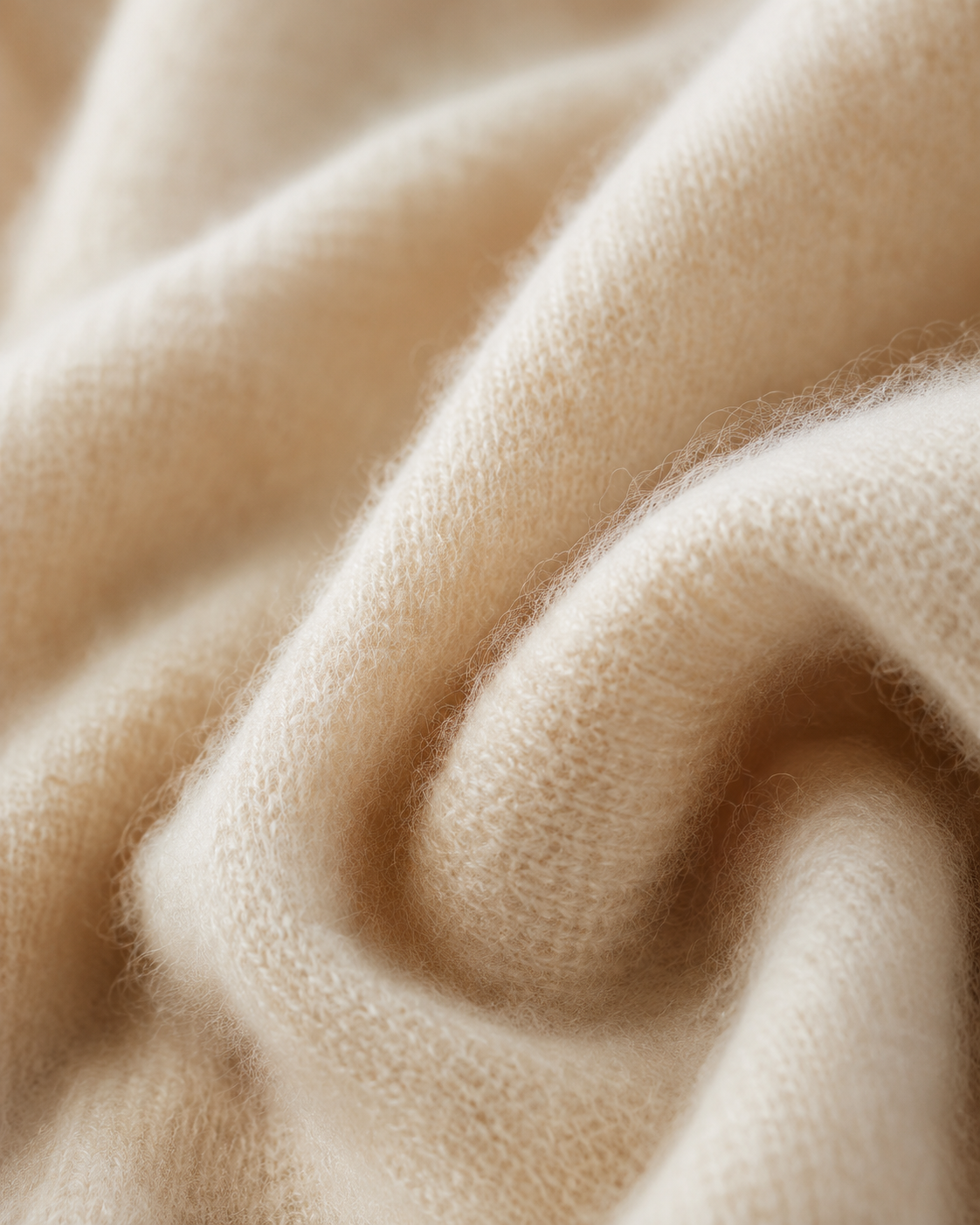 Warm folded ivory cashmere with a fine soft fibre halo in golden side light