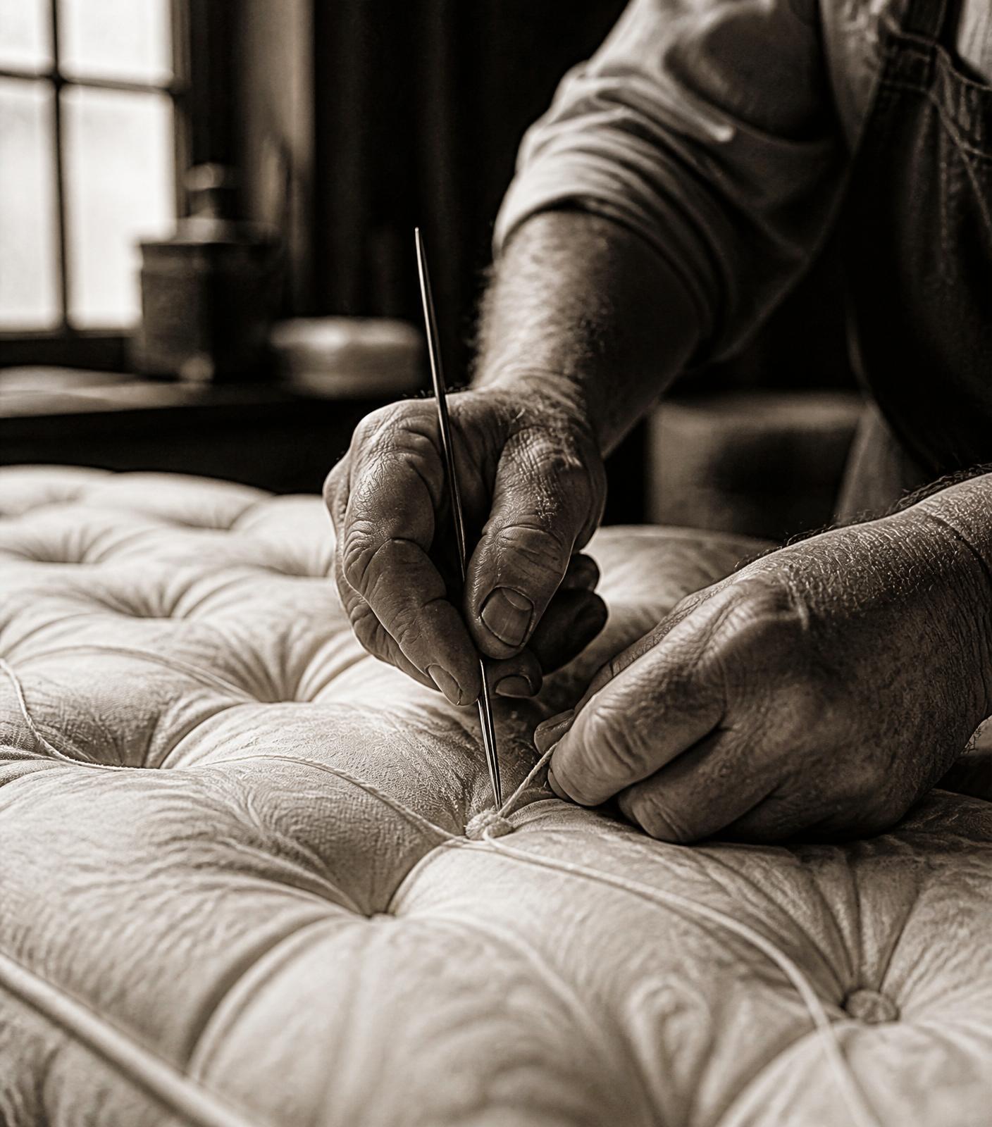 Artisan hand-tufting a luxury mattress with needle and thread