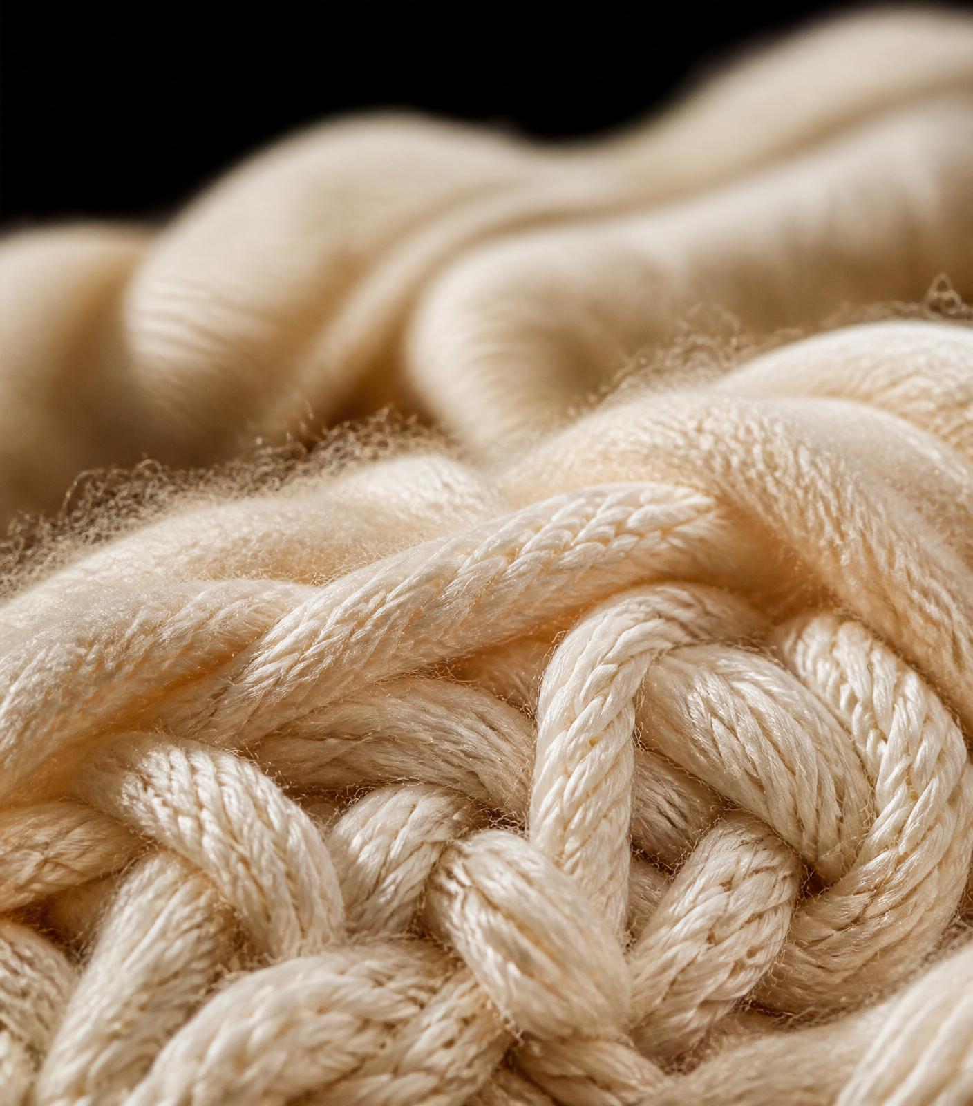 Macro detail of woven ivory cashmere and cotton fibres