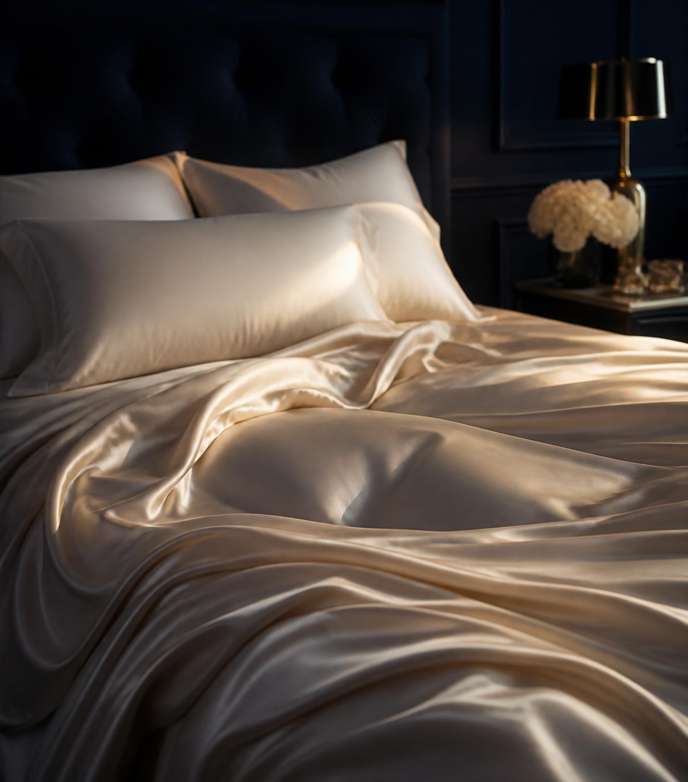 Ivory silk bedding softly draped across a luxury mattress